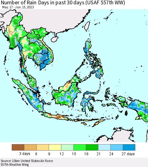 South East Asia Number of Rain Days in past 30 days (USAF 557th WW) 06/15/2023 Thematic Map For 6/11/2023 - 6/15/2023