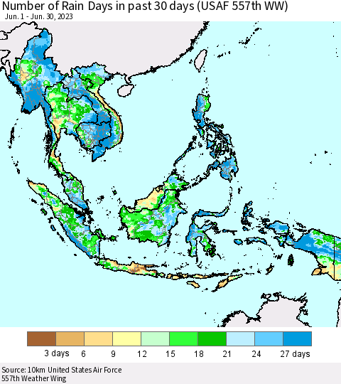 South East Asia Number of Rain Days in past 30 days (USAF 557th WW) 06/30/2023 Thematic Map For 6/26/2023 - 6/30/2023