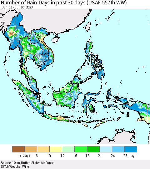 South East Asia Number of Rain Days in past 30 days (USAF 557th WW) 07/10/2023 Thematic Map For 7/6/2023 - 7/10/2023