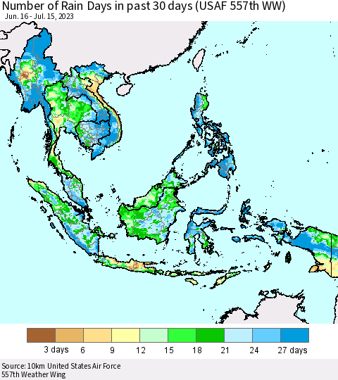 South East Asia Number of Rain Days in past 30 days (USAF 557th WW) 07/15/2023 Thematic Map For 7/11/2023 - 7/15/2023