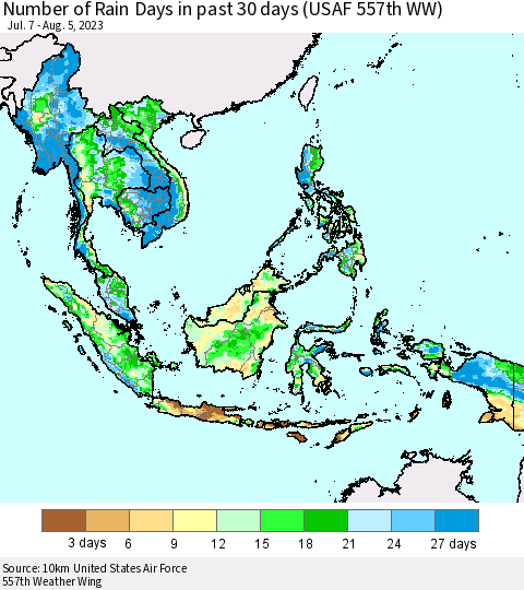 South East Asia Number of Rain Days in past 30 days (USAF 557th WW) 08/05/2023 Thematic Map For 8/1/2023 - 8/5/2023