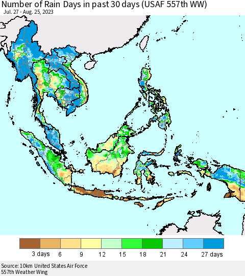 South East Asia Number of Rain Days in past 30 days (USAF 557th WW) 08/25/2023 Thematic Map For 8/21/2023 - 8/25/2023