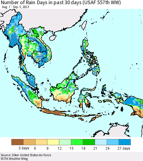 South East Asia Number of Rain Days in past 30 days (USAF 557th WW) 09/05/2023 Thematic Map For 9/1/2023 - 9/5/2023