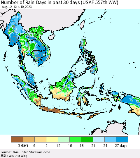 South East Asia Number of Rain Days in past 30 days (USAF 557th WW) 09/10/2023 Thematic Map For 9/6/2023 - 9/10/2023