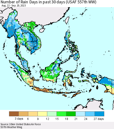 South East Asia Number of Rain Days in past 30 days (USAF 557th WW) 09/20/2023 Thematic Map For 9/16/2023 - 9/20/2023