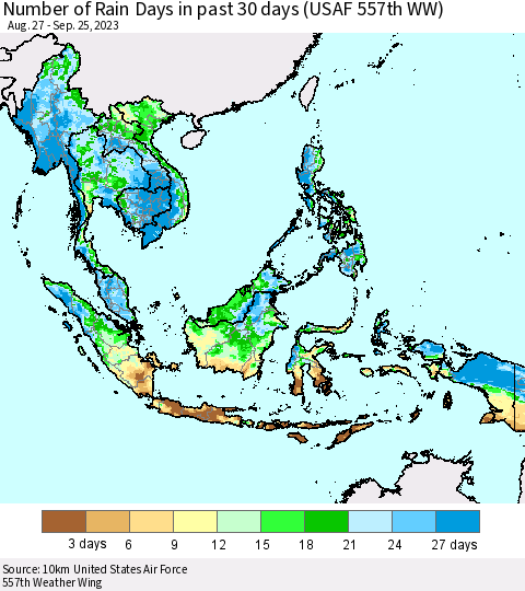 South East Asia Number of Rain Days in past 30 days (USAF 557th WW) 09/25/2023 Thematic Map For 9/21/2023 - 9/25/2023