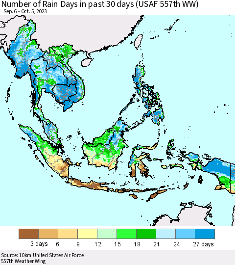 South East Asia Number of Rain Days in past 30 days (USAF 557th WW) 10/05/2023 Thematic Map For 10/1/2023 - 10/5/2023