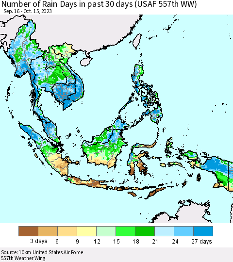 South East Asia Number of Rain Days in past 30 days (USAF 557th WW) 10/15/2023 Thematic Map For 10/11/2023 - 10/15/2023