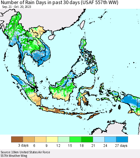 South East Asia Number of Rain Days in past 30 days (USAF 557th WW) 10/20/2023 Thematic Map For 10/16/2023 - 10/20/2023