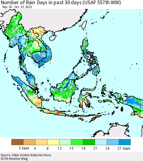 South East Asia Number of Rain Days in past 30 days (USAF 557th WW) 10/25/2023 Thematic Map For 10/21/2023 - 10/25/2023