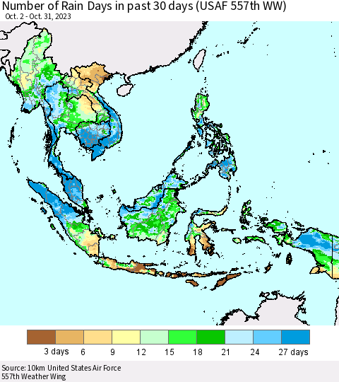 South East Asia Number of Rain Days in past 30 days (USAF 557th WW) 10/31/2023 Thematic Map For 10/26/2023 - 10/31/2023