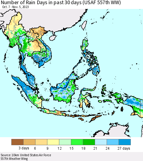 South East Asia Number of Rain Days in past 30 days (USAF 557th WW) 11/05/2023 Thematic Map For 11/1/2023 - 11/5/2023
