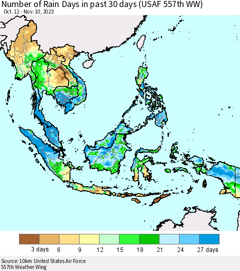 South East Asia Number of Rain Days in past 30 days (USAF 557th WW) 11/10/2023 Thematic Map For 11/6/2023 - 11/10/2023