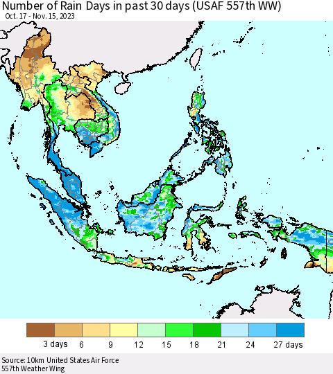 South East Asia Number of Rain Days in past 30 days (USAF 557th WW) 11/15/2023 Thematic Map For 11/11/2023 - 11/15/2023