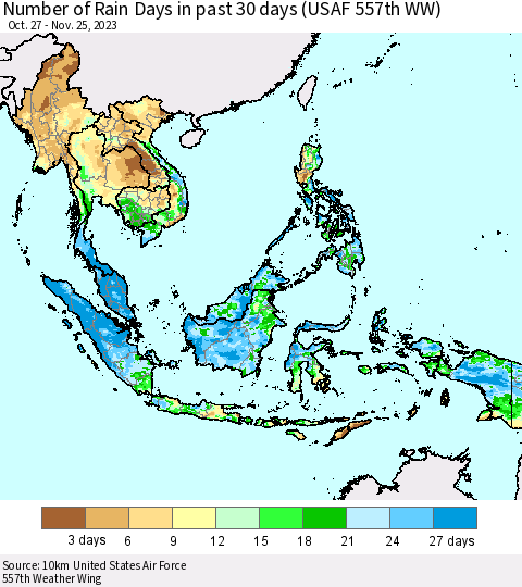 South East Asia Number of Rain Days in past 30 days (USAF 557th WW) 11/25/2023 Thematic Map For 11/21/2023 - 11/25/2023
