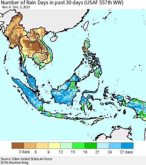 South East Asia Number of Rain Days in past 30 days (USAF 557th WW) 12/05/2023 Thematic Map For 12/1/2023 - 12/5/2023