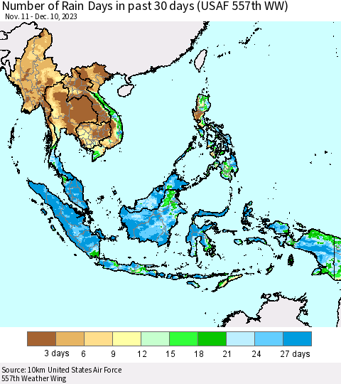 South East Asia Number of Rain Days in past 30 days (USAF 557th WW) 12/10/2023 Thematic Map For 12/6/2023 - 12/10/2023