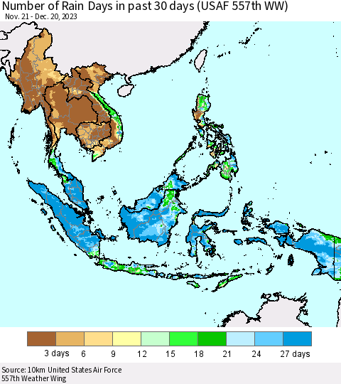 South East Asia Number of Rain Days in past 30 days (USAF 557th WW) 12/20/2023 Thematic Map For 12/16/2023 - 12/20/2023