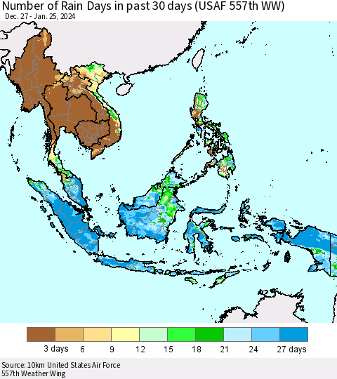 South East Asia Number of Rain Days in past 30 days (USAF 557th WW) 01/25/2024 Thematic Map For 1/21/2024 - 1/25/2024