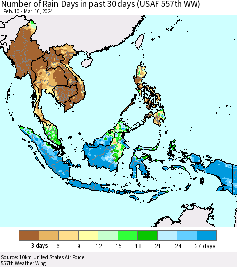 South East Asia Number of Rain Days in past 30 days (USAF 557th WW) 03/10/2024 Thematic Map For 3/6/2024 - 3/10/2024