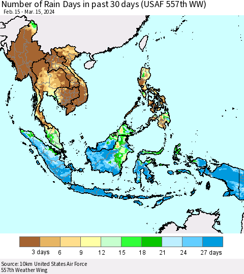 South East Asia Number of Rain Days in past 30 days (USAF 557th WW) 03/15/2024 Thematic Map For 3/11/2024 - 3/15/2024