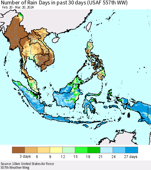 South East Asia Number of Rain Days in past 30 days (USAF 557th WW) 03/20/2024 Thematic Map For 3/16/2024 - 3/20/2024