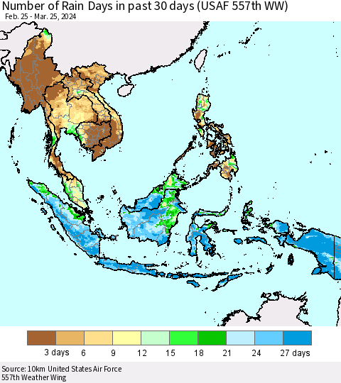 South East Asia Number of Rain Days in past 30 days (USAF 557th WW) 03/25/2024 Thematic Map For 3/21/2024 - 3/25/2024