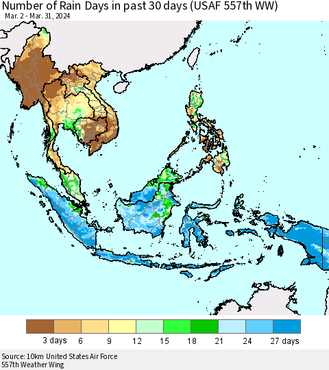 South East Asia Number of Rain Days in past 30 days (USAF 557th WW) 03/31/2024 Thematic Map For 3/26/2024 - 3/31/2024