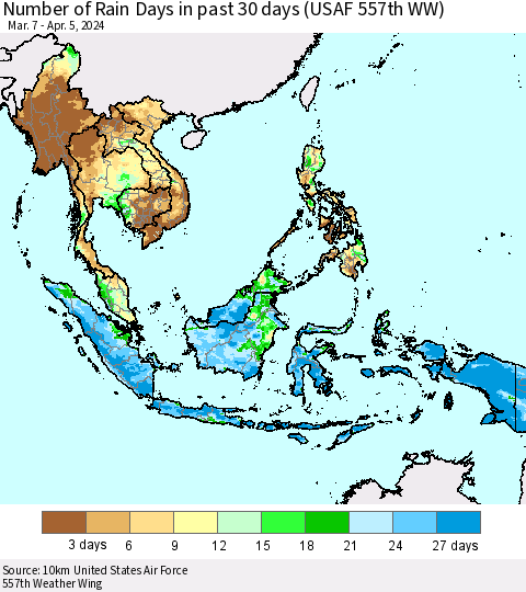 South East Asia Number of Rain Days in past 30 days (USAF 557th WW) 04/05/2024 Thematic Map For 4/1/2024 - 4/5/2024