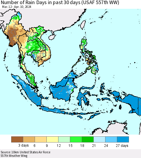South East Asia Number of Rain Days in past 30 days (USAF 557th WW) 04/10/2024 Thematic Map For 4/6/2024 - 4/10/2024