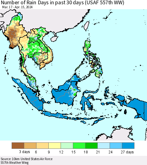 South East Asia Number of Rain Days in past 30 days (USAF 557th WW) 04/15/2024 Thematic Map For 4/11/2024 - 4/15/2024