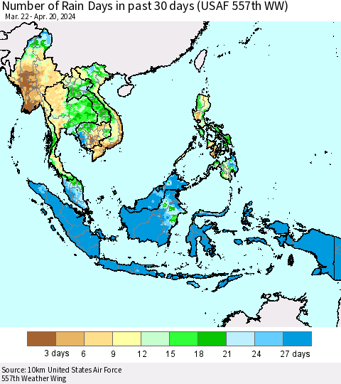 South East Asia Number of Rain Days in past 30 days (USAF 557th WW) 04/20/2024 Thematic Map For 4/16/2024 - 4/20/2024