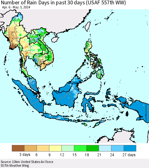 South East Asia Number of Rain Days in past 30 days (USAF 557th WW) 05/05/2024 Thematic Map For 5/1/2024 - 5/5/2024