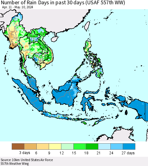 South East Asia Number of Rain Days in past 30 days (USAF 557th WW) 05/10/2024 Thematic Map For 5/6/2024 - 5/10/2024
