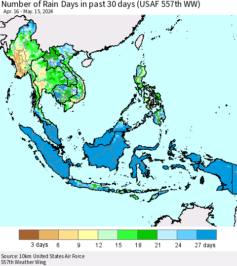 South East Asia Number of Rain Days in past 30 days (USAF 557th WW) 05/15/2024 Thematic Map For 5/11/2024 - 5/15/2024