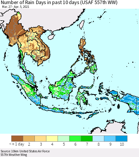 South East Asia Number of Rain Days in past 10 days (USAF 557th WW) Thematic Map For 4/1/2021 - 4/5/2021