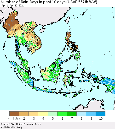 South East Asia Number of Rain Days in past 10 days (USAF 557th WW) Thematic Map For 4/6/2021 - 4/10/2021