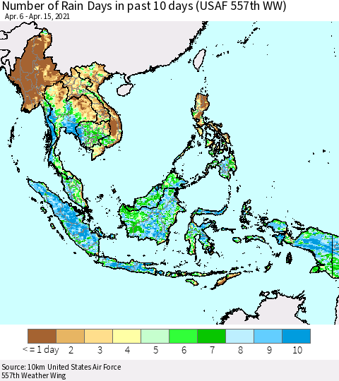 South East Asia Number of Rain Days in past 10 days (USAF 557th WW) Thematic Map For 4/11/2021 - 4/15/2021