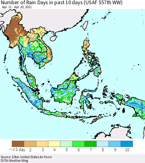 South East Asia Number of Rain Days in past 10 days (USAF 557th WW) Thematic Map For 4/16/2021 - 4/20/2021