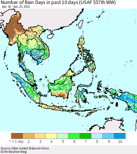 South East Asia Number of Rain Days in past 10 days (USAF 557th WW) Thematic Map For 4/21/2021 - 4/25/2021