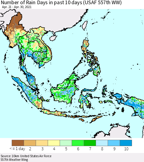 South East Asia Number of Rain Days in past 10 days (USAF 557th WW) Thematic Map For 4/26/2021 - 4/30/2021