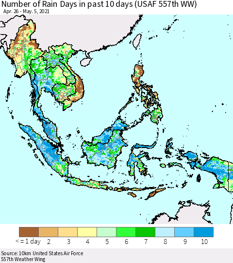 South East Asia Number of Rain Days in past 10 days (USAF 557th WW) Thematic Map For 5/1/2021 - 5/5/2021