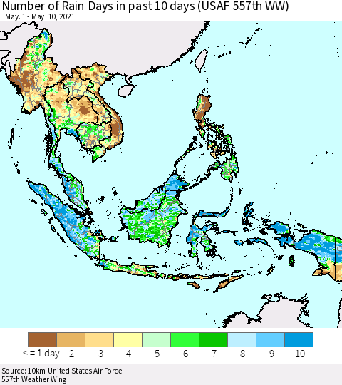 South East Asia Number of Rain Days in past 10 days (USAF 557th WW) Thematic Map For 5/6/2021 - 5/10/2021
