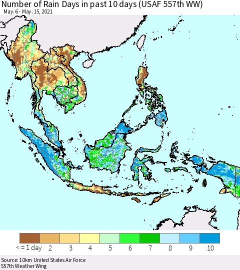 South East Asia Number of Rain Days in past 10 days (USAF 557th WW) Thematic Map For 5/11/2021 - 5/15/2021