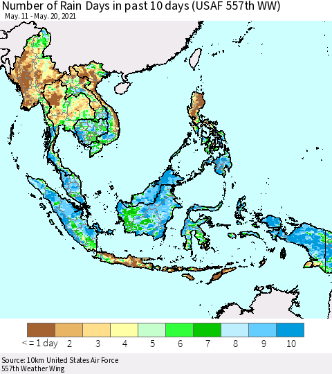 South East Asia Number of Rain Days in past 10 days (USAF 557th WW) Thematic Map For 5/16/2021 - 5/20/2021