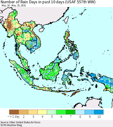 South East Asia Number of Rain Days in past 10 days (USAF 557th WW) Thematic Map For 5/21/2021 - 5/25/2021