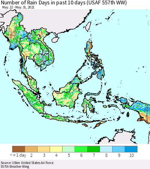 South East Asia Number of Rain Days in past 10 days (USAF 557th WW) Thematic Map For 5/26/2021 - 5/31/2021