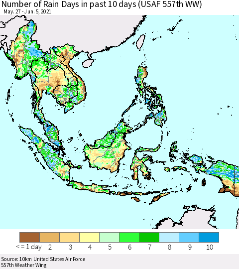 South East Asia Number of Rain Days in past 10 days (USAF 557th WW) Thematic Map For 6/1/2021 - 6/5/2021