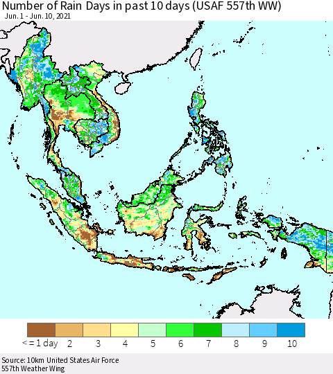 South East Asia Number of Rain Days in past 10 days (USAF 557th WW) Thematic Map For 6/6/2021 - 6/10/2021