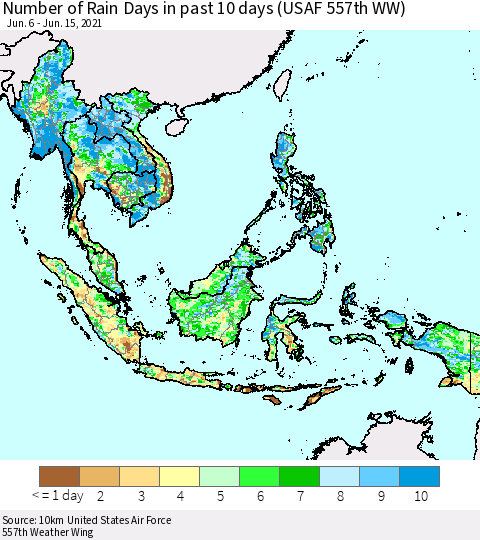 South East Asia Number of Rain Days in past 10 days (USAF 557th WW) Thematic Map For 6/11/2021 - 6/15/2021